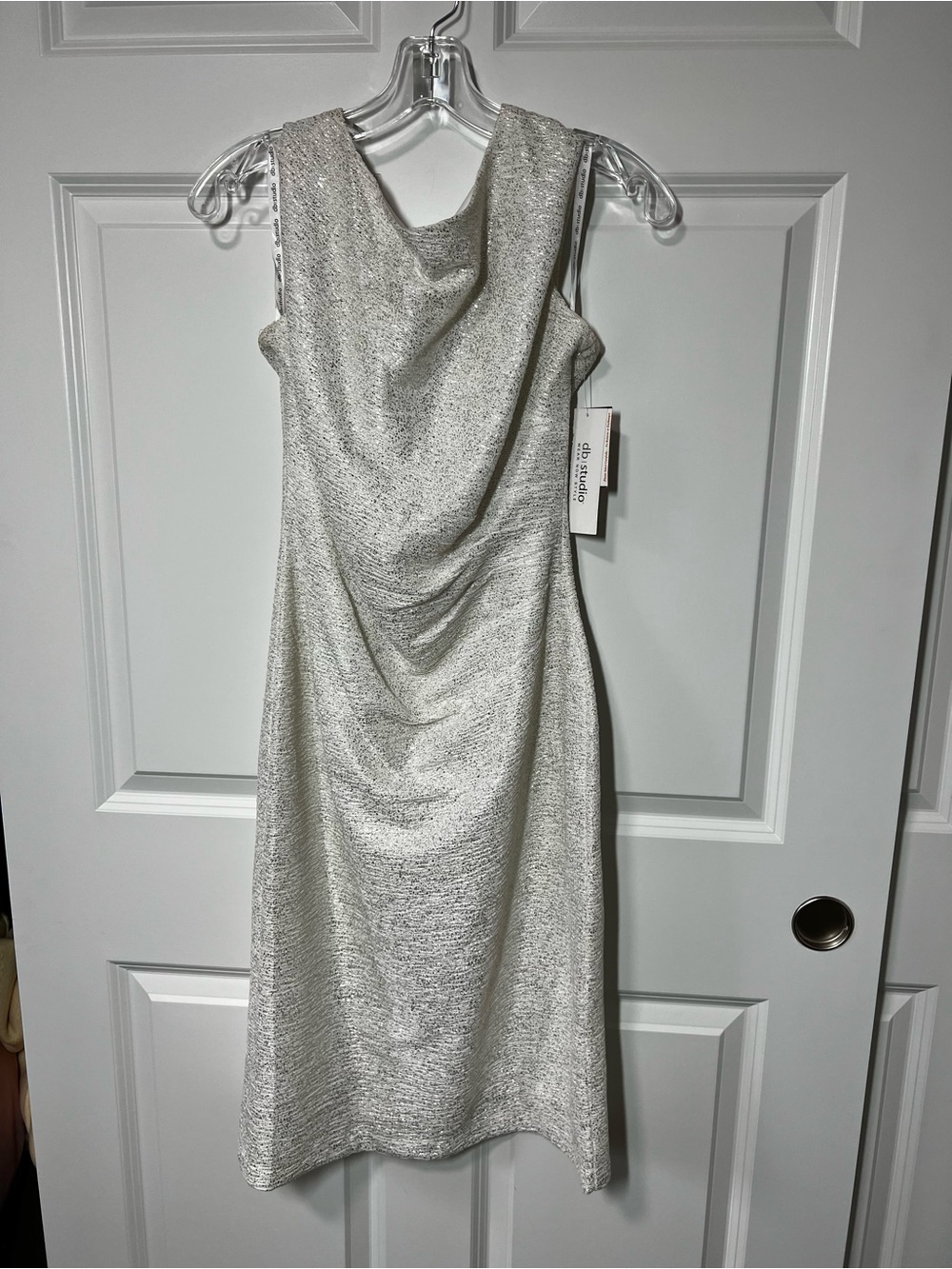 NWT David’s Bridal Sleeveless Draped Neck White Shimmer Cocktail Dress Sz 6